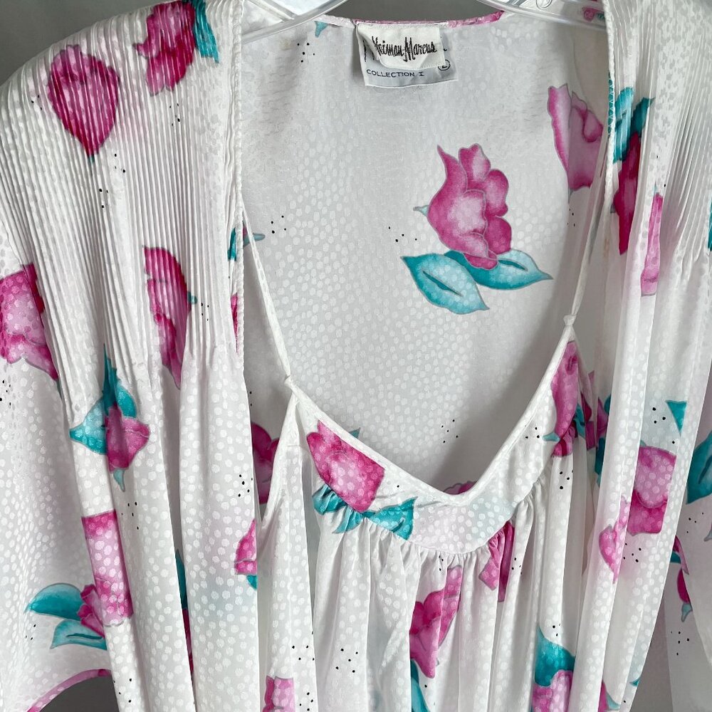 Vintage Mary McFadden 2-Piece SET Long Floral Nightgown Robe Size L White Pink
